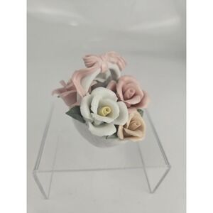 Vintage Porcelain Rose Basket Floral Arrangement Pink White Decor